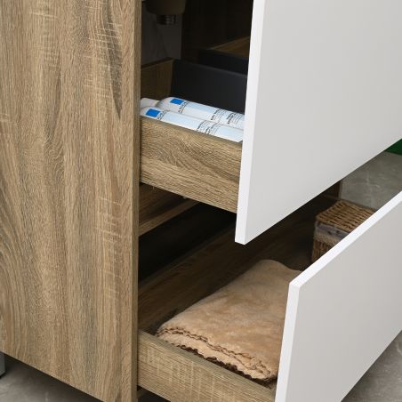 Mobilier de baie cu lavoar, Lemn stratificat, 80x46 cm, 2 sertare cu soft close, Alb Stejar, Costa