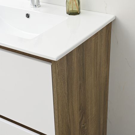 Mobilier de baie cu lavoar, Lemn stratificat, 80x46 cm, 2 sertare cu soft close, Alb Stejar, Costa