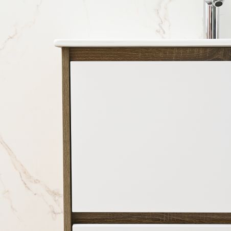 Mobilier de baie cu lavoar, Lemn stratificat, 80x46 cm, 2 sertare cu soft close, Alb Stejar, Costa