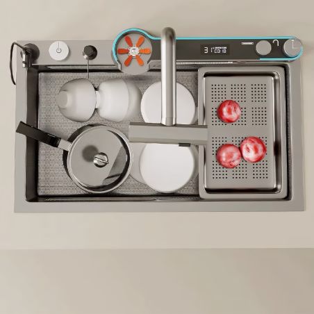 Statie chiuveta Bucatarie, Spalator Pahare, Baterie, Dozator sapun, otel inoxidabil, Gun Grey, 75x46 cm, Gusto