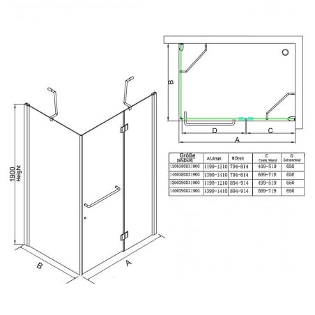 Cabina EGO-04, sablata perete fix si usa batanta, sticla securizata 8 mm, 120-140x80-90 cm, montaj stanga dreapta