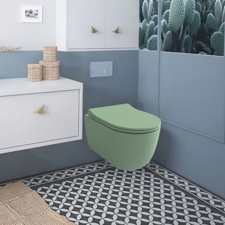 Vas WC EGO Michael Rimless, 49x37 cm, Verde Mint Mat, Power Colour, montaj suspendat, capac duroplast soft-close easy off