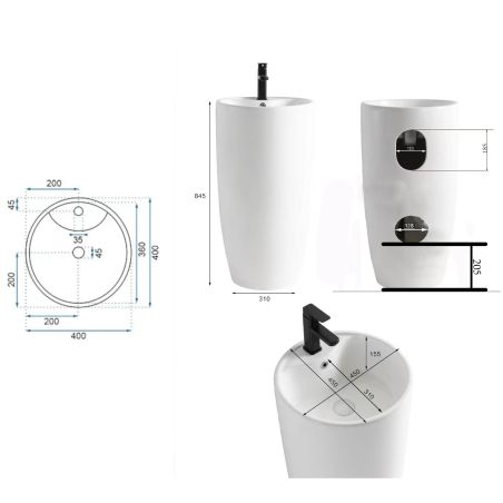 Lavoar stativ, Power Color, Negru Mat exterior si interior, 45x45x84 cm,  ceramica sanitara, Fida