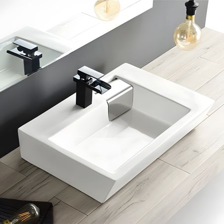 Lavoar Fiorenzo, ceramica sanitara, 66x45 cm, gaura baterie, scurgere cromata ascunsa, montaj pe blat sau suspendat