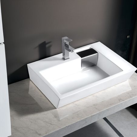 Lavoar Fiorenzo, ceramica sanitara, 66x45 cm, gaura baterie, scurgere cromata ascunsa, montaj pe blat sau suspendat