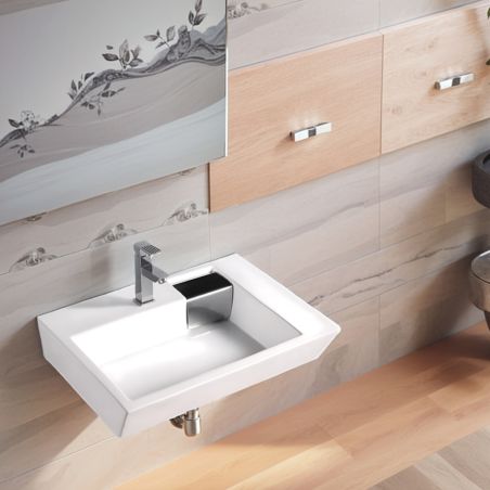 Lavoar Fiorenzo, ceramica sanitara, 66x45 cm, gaura baterie, scurgere cromata ascunsa, montaj pe blat sau suspendat