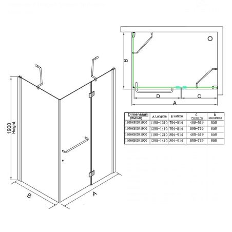 Cabina EGO-04, sablata perete fix si usa batanta, sticla securizata 6 mm, 120-140x80-90 cm, montaj stanga dreapta
