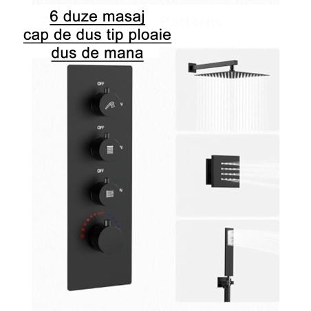 Sistem de dus cu termostat, 6 duze de masaj, montaj incastrat in perete, Alama, Negru, Vento