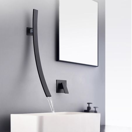 Baterie lavoar, tip cascada, monocomanda, Negru, alama, montaj pe perete, Fluvia