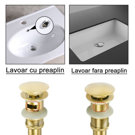 Sifon de scurgere cu ventil,  sistem Pop-up, Auriu, fara sau cu preaplin, etansare din silicon, Zaro