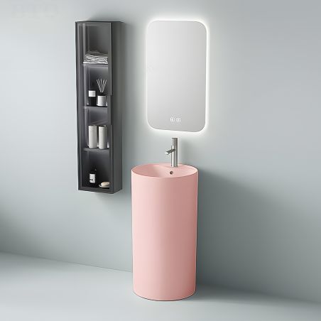 Lavoar stativ, Roz Somon Mat, Power Color, ceramica sanitara, cu gaura de baterie, diametru 45 cm, Modena