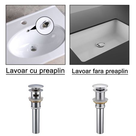 Sifon de scurgere cu ventil, sistem Pop-up, Crom, fara sau cu preaplin, etansare din silicon, Zaro