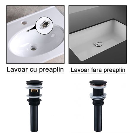 Sifon de scurgere cu ventil, sistem Pop-up, Negru Mat, fara sau cu preaplin, etansare din silicon, Zaro