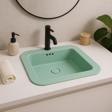 Lavoar, Verde Mint Mat, Power Color, montaj semi-incastrat, cu gaura de baterie, ceramica sanitara, 60x44 cm, Monza