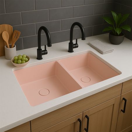 Chiuveta bucatarie dubla 2 cuve, Roz Somon Mat, Power Color, montaj incastrat sub blat, 88x39 cm, Serena