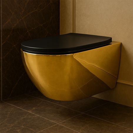 Vas wc Rimless, Auriu Lucios interior/exterior, capac slim duroplast Negru, soft-Close, 49x37 cm, ceramica sanitara