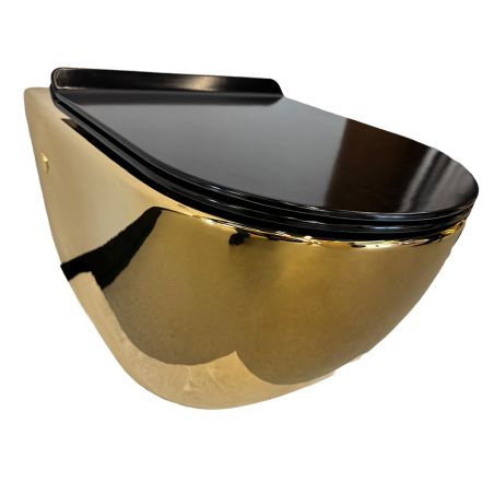 Vas wc Rimless, Auriu Lucios interior/exterior, capac slim duroplast Negru, soft-Close, 49x37 cm, ceramica sanitara