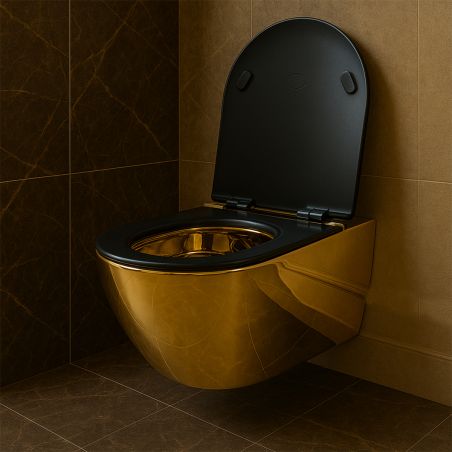 Vas wc Rimless, Auriu Lucios interior/exterior, capac slim duroplast Negru, soft-Close, 49x37 cm, ceramica sanitara