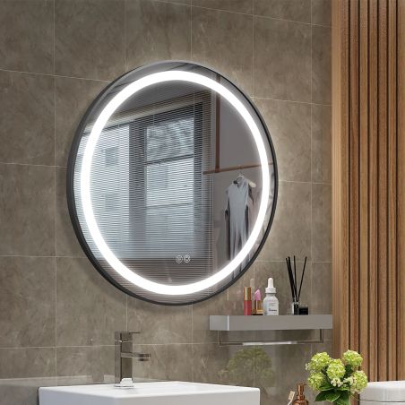 Oglinda Led, Dezaburire, Buton Touch, sticla 5 mm, Cadru negru, 3 Culori, Intensitate reglabila, dimensiuni 80, 90 cm, Cezara
