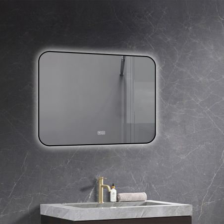 Oglinda Led, Cadru negru, Dezaburire, Buton Touch, 3 Culori, Intensitate reglabila, dimensiuni 60-70x80-90-150 cm, Feliz