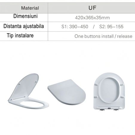 Capac slim Duroplast Soft-Close, distanta ajustabila, Quick Release, pentru vas wc Ben Negru Lucios si Auriu Marble