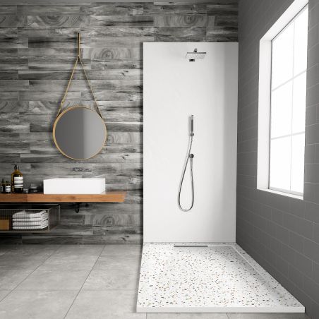 Cadita de dus, Alb, finisaj Terrazzo, compozit mineral, inaltime 2.5 dimensiuni 100-160x80-90 cm, decupabila, Antonio