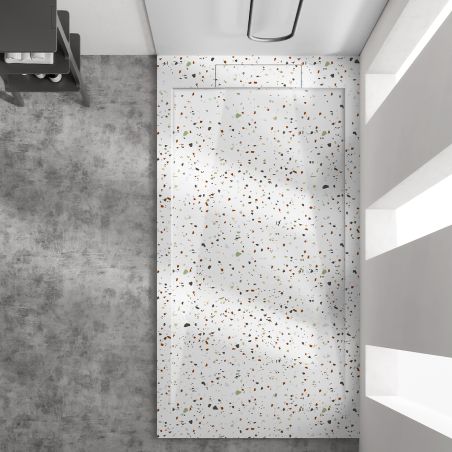 Cadita de dus, Alb, finisaj Terrazzo, compozit mineral, inaltime 2.5 dimensiuni 100-160x80-90 cm, decupabila, Antonio