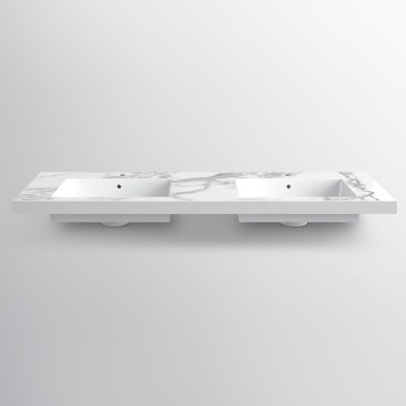 Lavoar dublu Paola, Alb finisaj Carrara Arabescato, compozit mineral, montaj semi-incastrat, cu 2 gauri de baterie, 150x48 cm