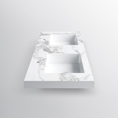 Lavoar dublu Paola, Alb finisaj Carrara Arabescato, compozit mineral, montaj semi-incastrat, cu 2 gauri de baterie, 150x48 cm
