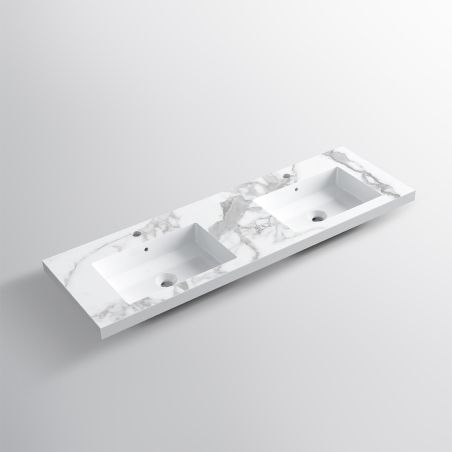 Lavoar dublu Paola, Alb finisaj Carrara Arabescato, compozit mineral, montaj semi-incastrat, cu 2 gauri de baterie, 150x46 cm