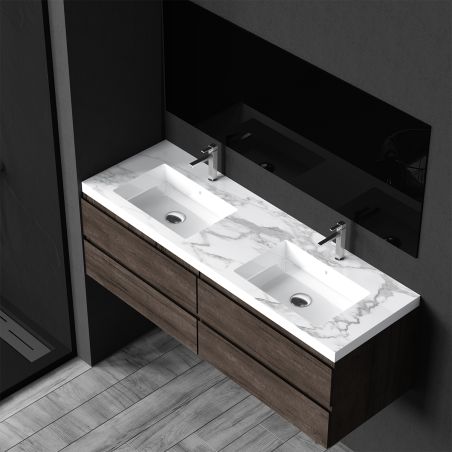 Lavoar dublu Paola, Alb finisaj Carrara Arabescato, compozit mineral, montaj semi-incastrat, cu 2 gauri de baterie, 161x54.2 cm