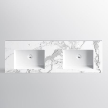 Lavoar dublu Paola, Alb finisaj Carrara Arabescato, compozit mineral, montaj semi-incastrat, cu 2 gauri de baterie, 161x54.2 cm