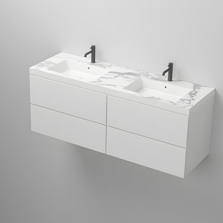 Lavoar dublu Paola, Alb finisaj Carrara Arabescato, compozit mineral, montaj semi-incastrat, cu 2 gauri de baterie, 161x54.2 cm