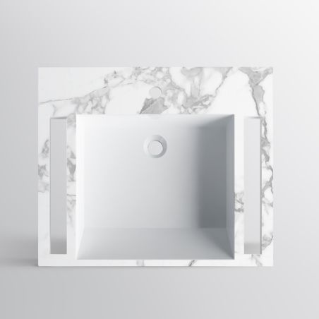 Lavoar, Alb finisaj Carrara Arabescato, suport prosoape laterale, compozit, montaj suspendat pe perete, 65x55 cm, Lavanda