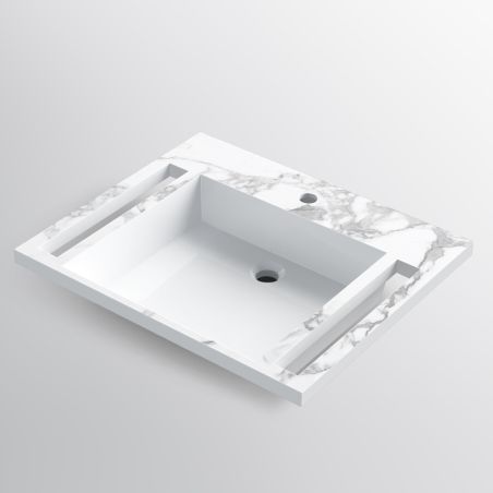 Lavoar, Alb finisaj Carrara Arabescato, suport prosoape laterale, compozit, montaj suspendat pe perete, 65x55 cm, Lavanda
