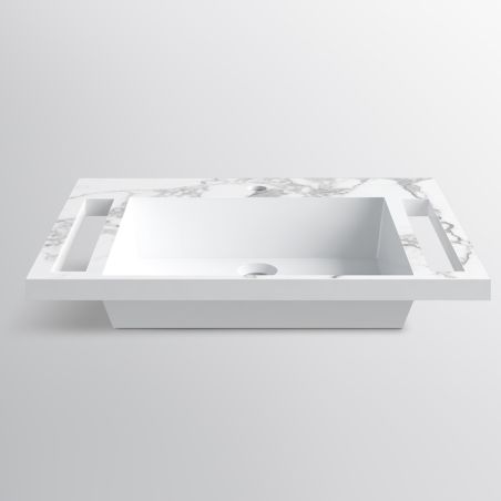 Lavoar, Alb finisaj Carrara Arabescato, suport prosoape laterale, compozit, montaj suspendat pe perete, 65x55 cm, Lavanda