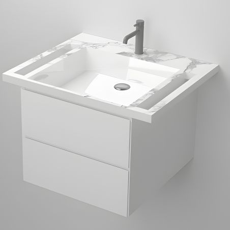 Lavoar, Alb finisaj Carrara Arabescato, suport prosoape laterale, compozit, montaj suspendat pe perete, 65x55 cm, Lavanda
