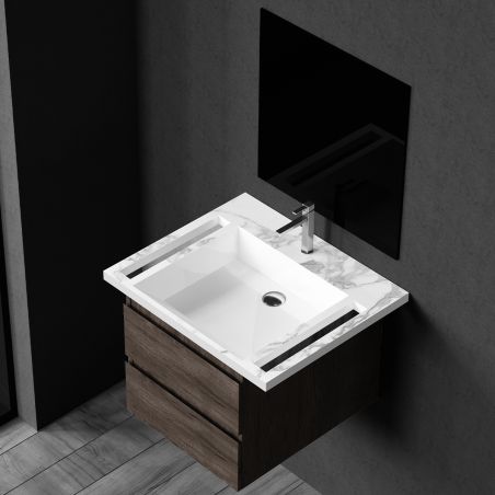 Lavoar, Alb finisaj Carrara Arabescato, suport prosoape laterale, compozit, montaj suspendat pe perete, 65x55 cm, Lavanda