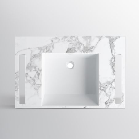 Lavoar, Alb finisaj Carrara Arabescato, suport prosoape laterale, compozit, montaj suspendat pe perete, 85x55 cm, Lavanda