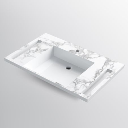Lavoar, Alb finisaj Carrara Arabescato, suport prosoape laterale, compozit, montaj suspendat pe perete, 85x55 cm, Lavanda