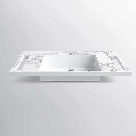 Lavoar, Alb finisaj Carrara Arabescato, suport prosoape laterale, compozit, montaj suspendat pe perete, 85x55 cm, Lavanda