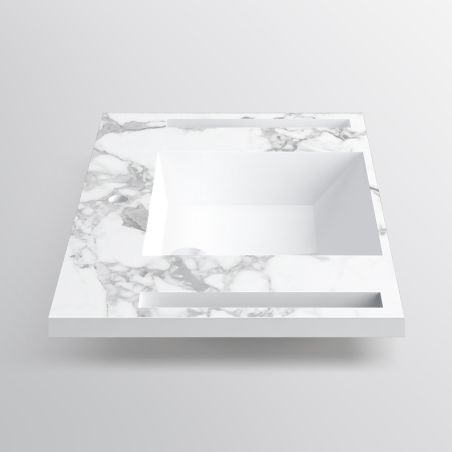 Lavoar, Alb finisaj Carrara Arabescato, suport prosoape laterale, compozit, montaj suspendat pe perete, 85x55 cm, Lavanda