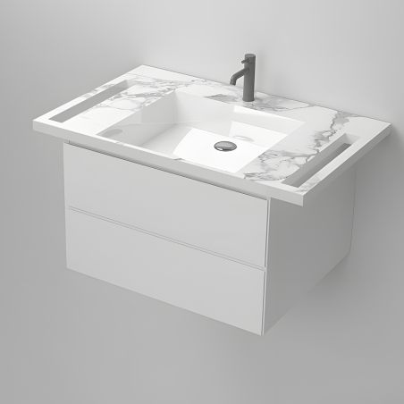 Lavoar, Alb finisaj Carrara Arabescato, suport prosoape laterale, compozit, montaj suspendat pe perete, 85x55 cm, Lavanda
