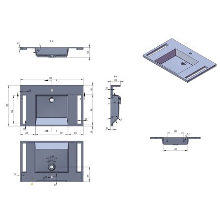 Lavoar, Alb finisaj Carrara Arabescato, suport prosoape laterale, compozit, montaj suspendat pe perete, 85x55 cm, Lavanda