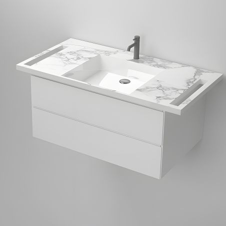 Lavoar, Alb  finisaj Carrara Arabescato,  suport prosoape laterale, compozit, montaj suspendat pe perete, 105x55 cm, Lavanda