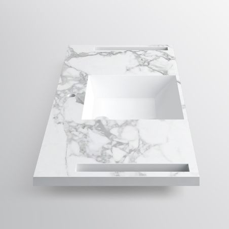 Lavoar, Alb  finisaj Carrara Arabescato,  suport prosoape laterale, compozit, montaj suspendat pe perete, 125x55 cm, Lavanda