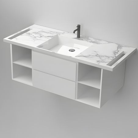 Lavoar, Alb  finisaj Carrara Arabescato,  suport prosoape laterale, compozit, montaj suspendat pe perete, 125x55 cm, Lavanda