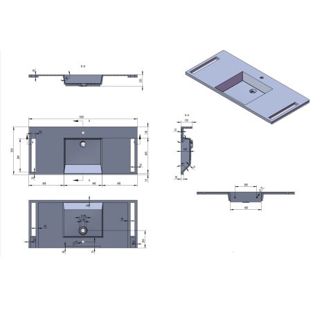 Lavoar, Alb  finisaj Carrara Arabescato,  suport prosoape laterale, compozit, montaj suspendat pe perete, 125x55 cm, Lavanda