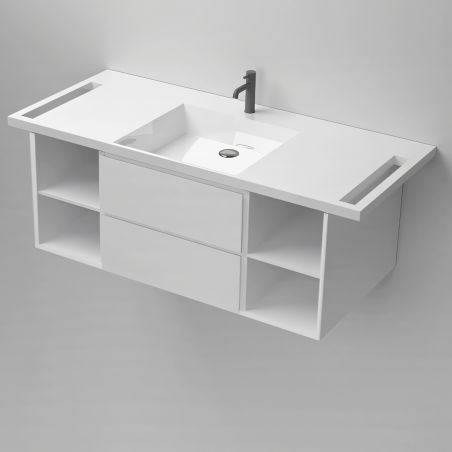 Lavoar, Alb Lucios,  suport prosoape laterale, compozit mineral, montaj suspendat pe perete, 125x55 cm, Lavanda