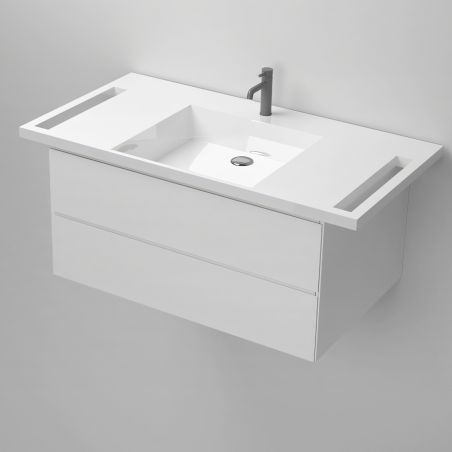 Lavoar, Alb Lucios,  suport prosoape laterale, compozit mineral , montaj suspendat pe perete, 105x55 cm, Lavanda